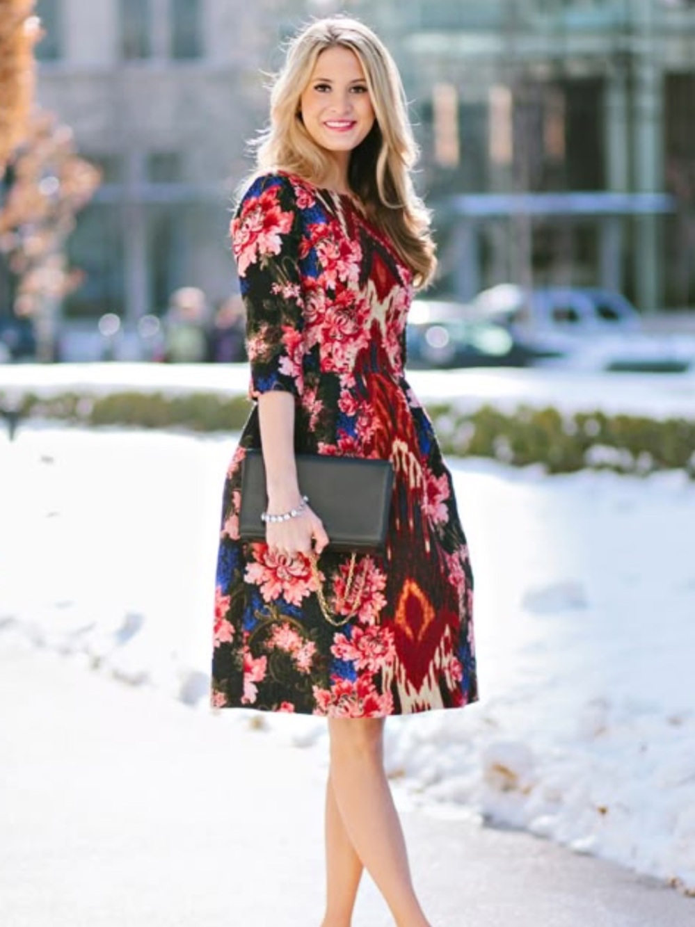 NWOT Oscar de la Renta Black Floral Midi Dress with Red and Pink Accents